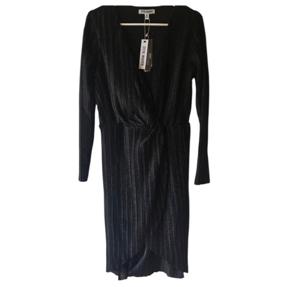 Steve Madden Elegant Crinkle Metallic Long Sleeve Black Dress Sz XS - Picture 2 of 13